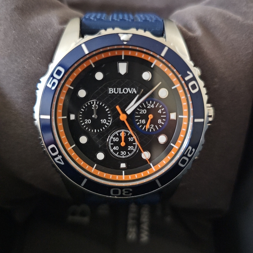 Bulova Men's Blue and Orange Chronograph Watch. With Original Box, Excellent
